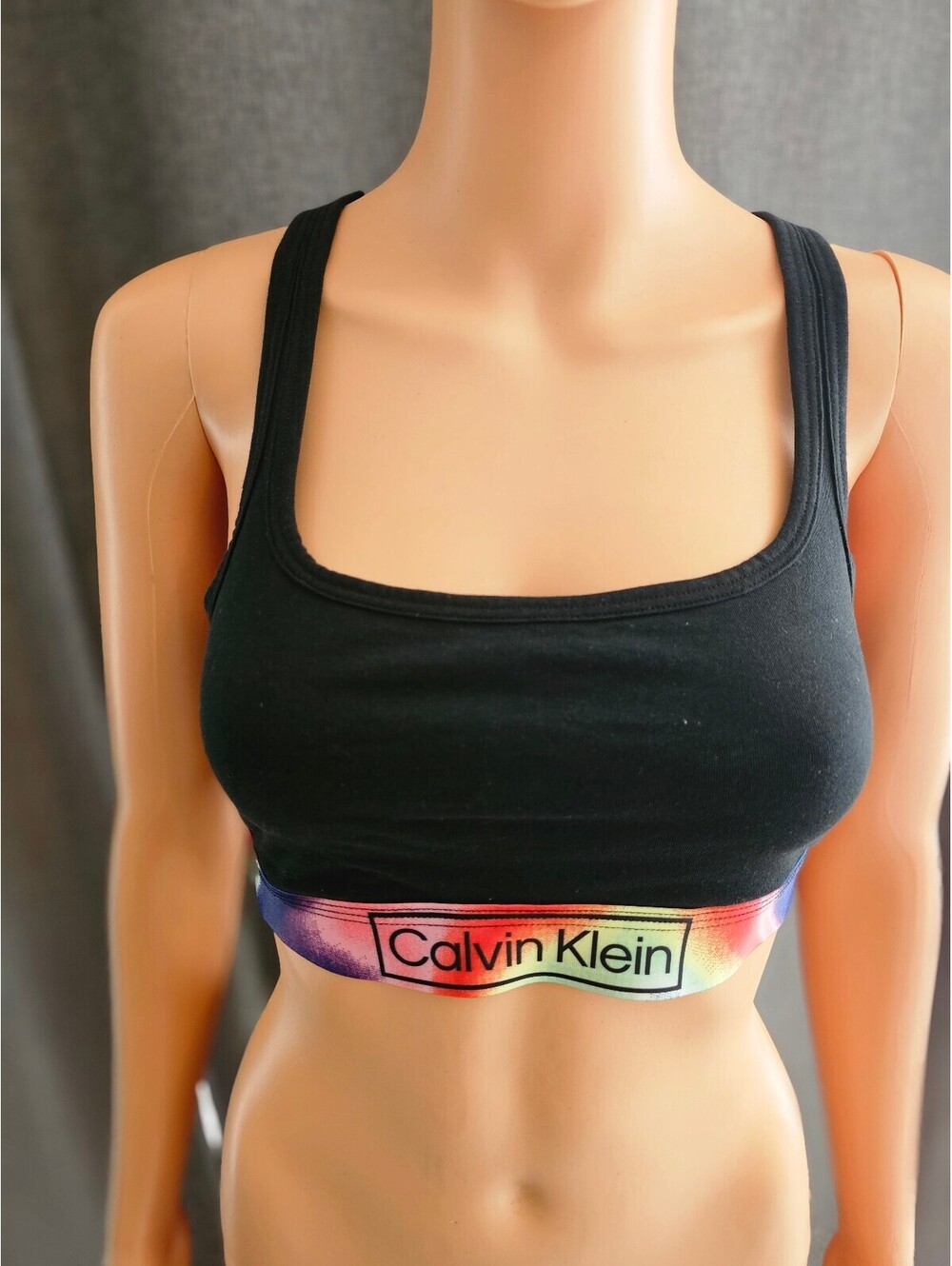 Calvin Klein Black Racerback Sports Bra with Rainbow Logo Band, Size M